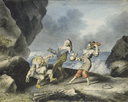 Stephano, Trinculo and Caliban dancing on the island shore from The Tempest