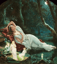Titania sleeping in the moonlight protected by her fairies