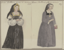 Two costume designs for Queen Katherine before and after her divorce