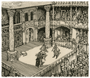 Illustration of the Merchant of Venice, Act 1, scene 3, being performed in an Elizabethan theatre